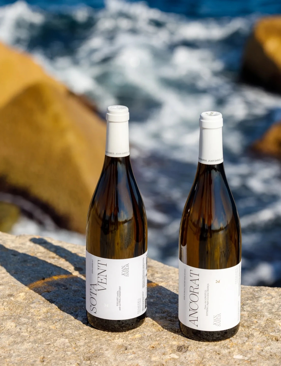 Fotografia de los vinos Ancorat y Sotavent en un espigón de Barcelona, mar mediterráneo chocando contra las rocas.