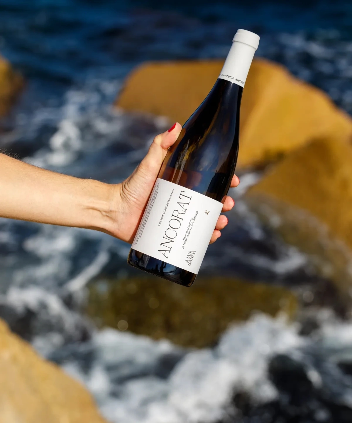 mujer sujetando botella de vino ancorat con el mar mediterráneo chocando contra las rocas del espigón de fondo.