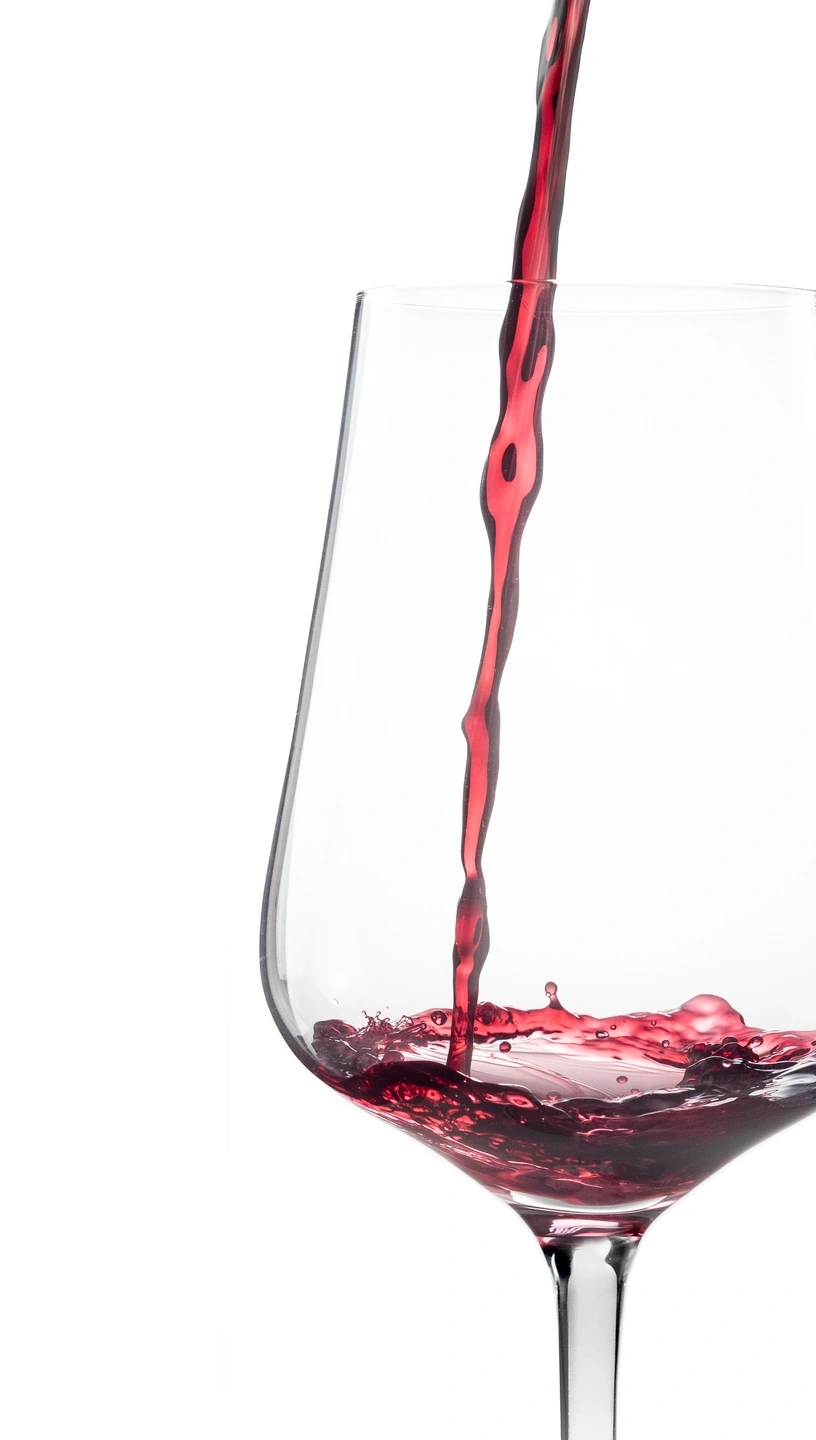 Fotografía de cerca de como el vino cae en la copa, instantánea con el splash del vino.
