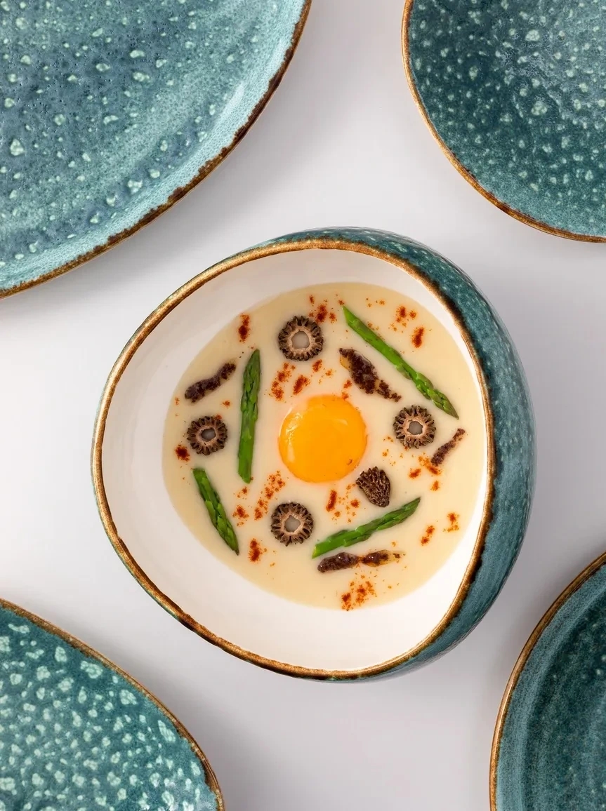 Composición de platos con un bol en el centro y un plato de alta cocina que parece como un consomé con huevo, espárragos y setas.