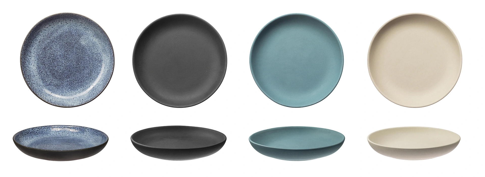 Plato medio hondo en perspectiva zenital y picado de la colección summa de Oms y Viñas. Colores azul oscuro, negro, azul claro desaturado y arena.