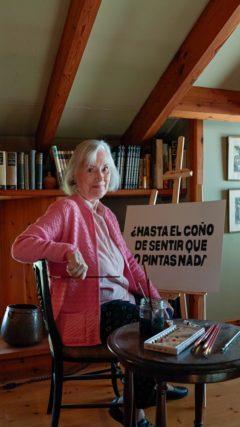 Abuela pintando un cuadro que dice "hasta el coño de sentir que no pintas nada?". La Soledad no tiene edad campaña creativa para la empresa Somos Estupendas. Jirada Agency