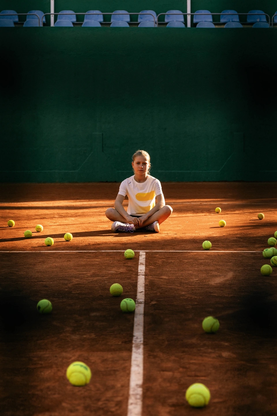 Niña sentada en una pista de tenis de tierra batida en un club de tenis de barcelona. Va vestida con una falda y top de Roggio blanco. atardecer