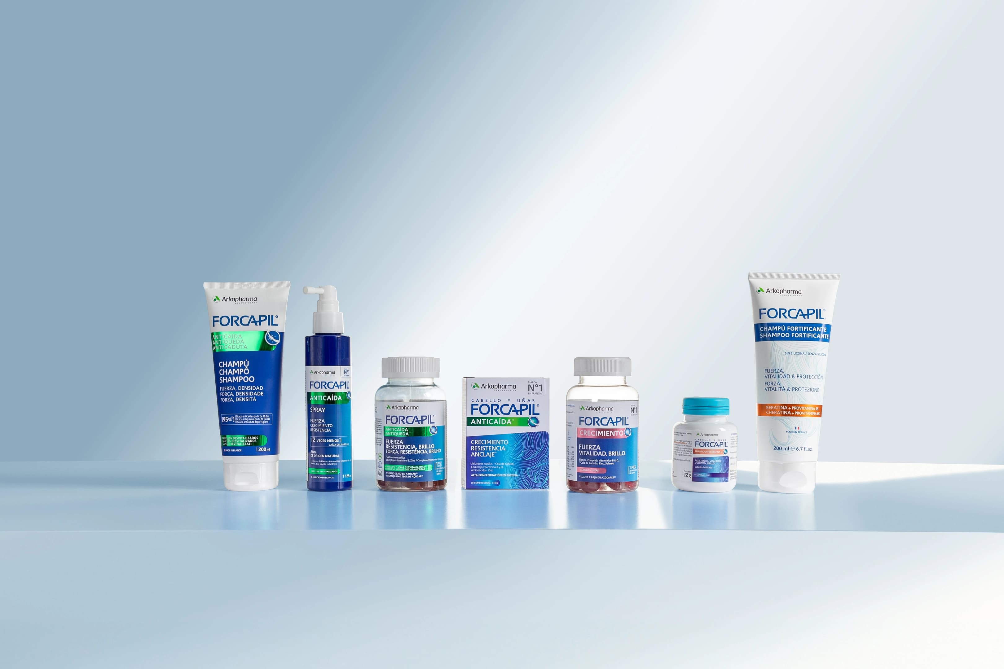 Gamma de productos de forcapil, productos de la farmacéutica Arkopharma para una sesión fotográfica creativa en Madrid.