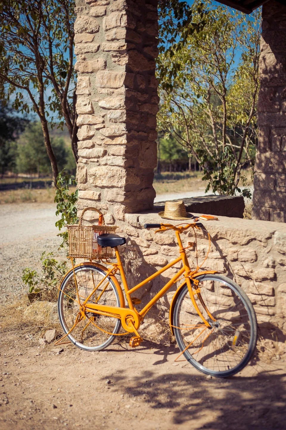 Bicicleta apoyada en un muro de piedra con un cesto y una botella de vino rosado en el viñedo de las bodegas Ramon Roqueta en DO Bages, Cataluña al atardecer.