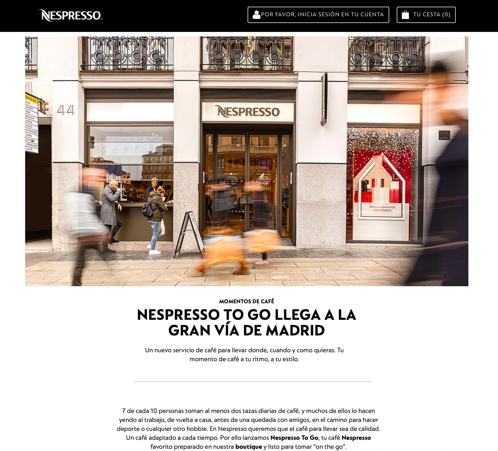 Noticia de la inauguración de la tienda Nespresso gran vía de Madrid en su propia página web con las fotos de La Perspectiva.